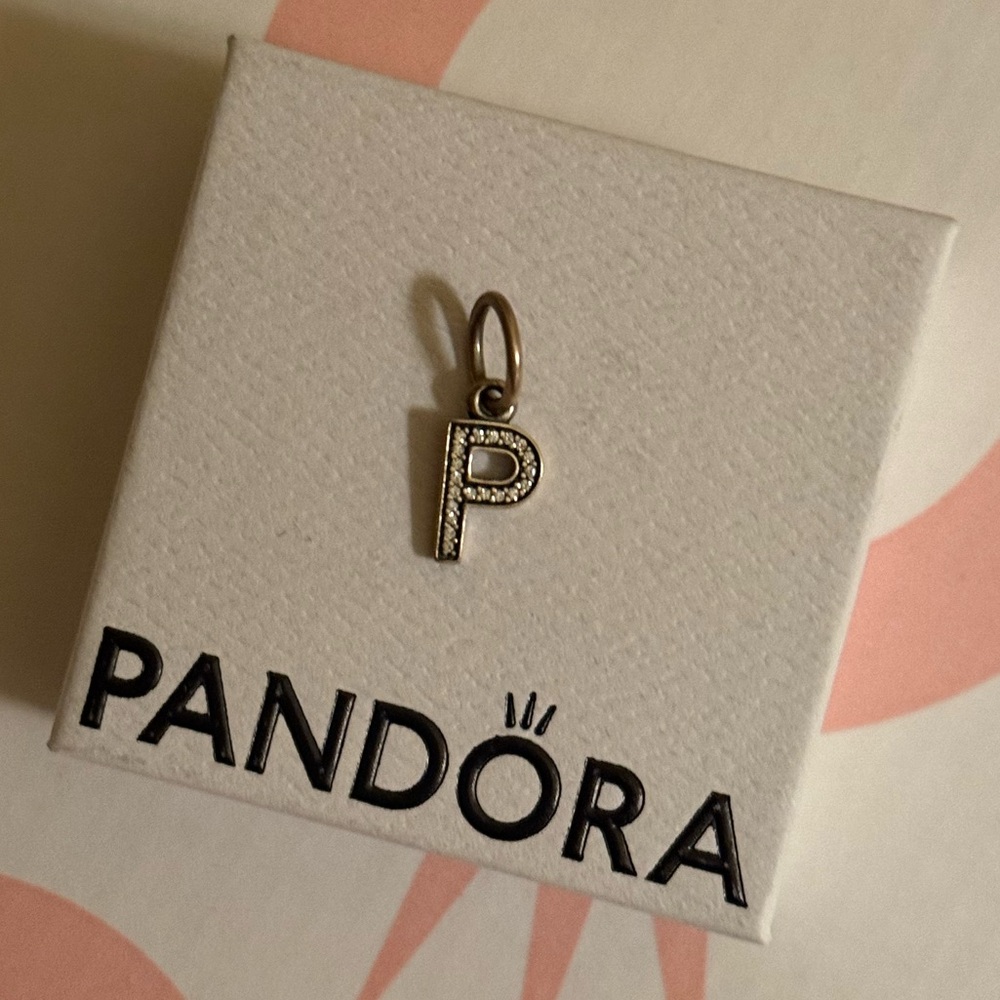 Pandora Retired Sterling Silver Letter “P” Dangle Charm with Clear Zirconia